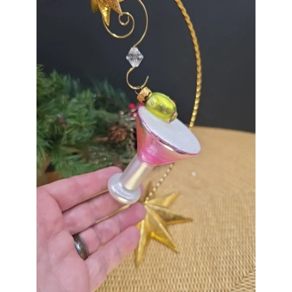Pink Martini Glass‎ with Olive Blown Glass Christmas Ornament New Year's Theme